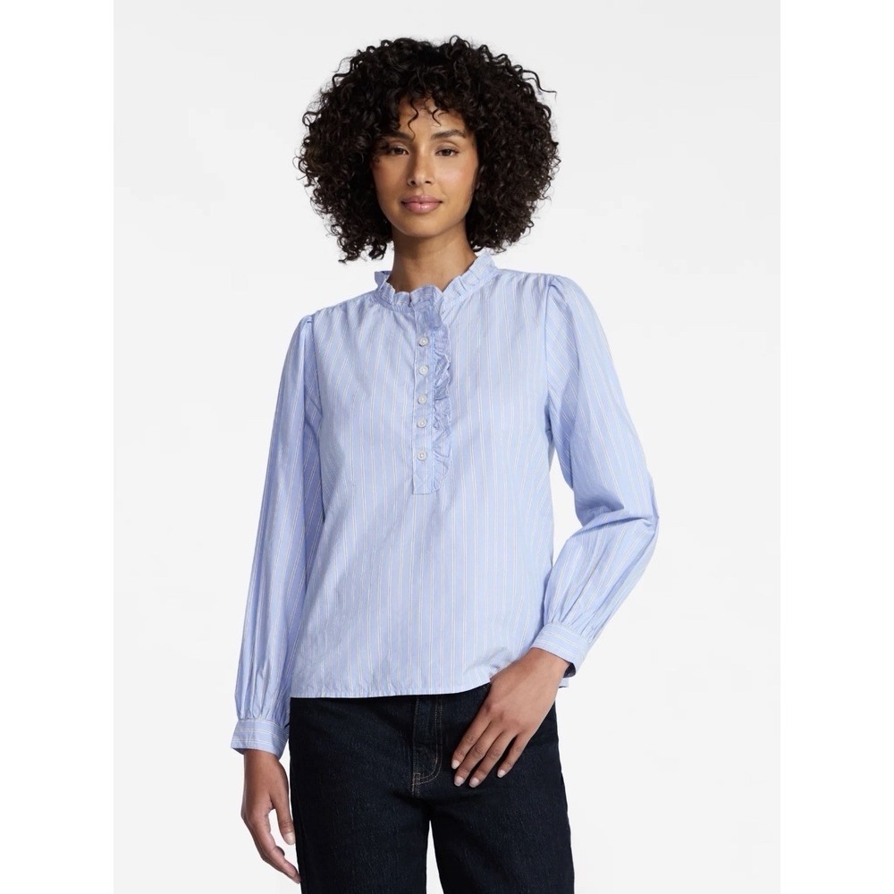 Women's Long Sleeve Ruffle Neck Button Down Top Size XXL Plus Shirt Blouse Blue